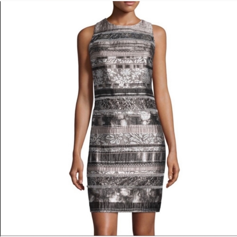 Kay Unger Mettalic Silver Grey Collage Fit and Flare Dress Size 6